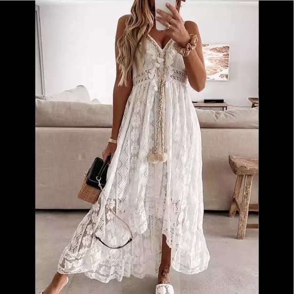 5 ⭐️ White New Boho Summer Lace Dress With Tassel Front - Picture 2 of 5